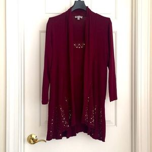 JM Collection Top Small Burgundy Studded Layered Flares Dressy Long Sleeves